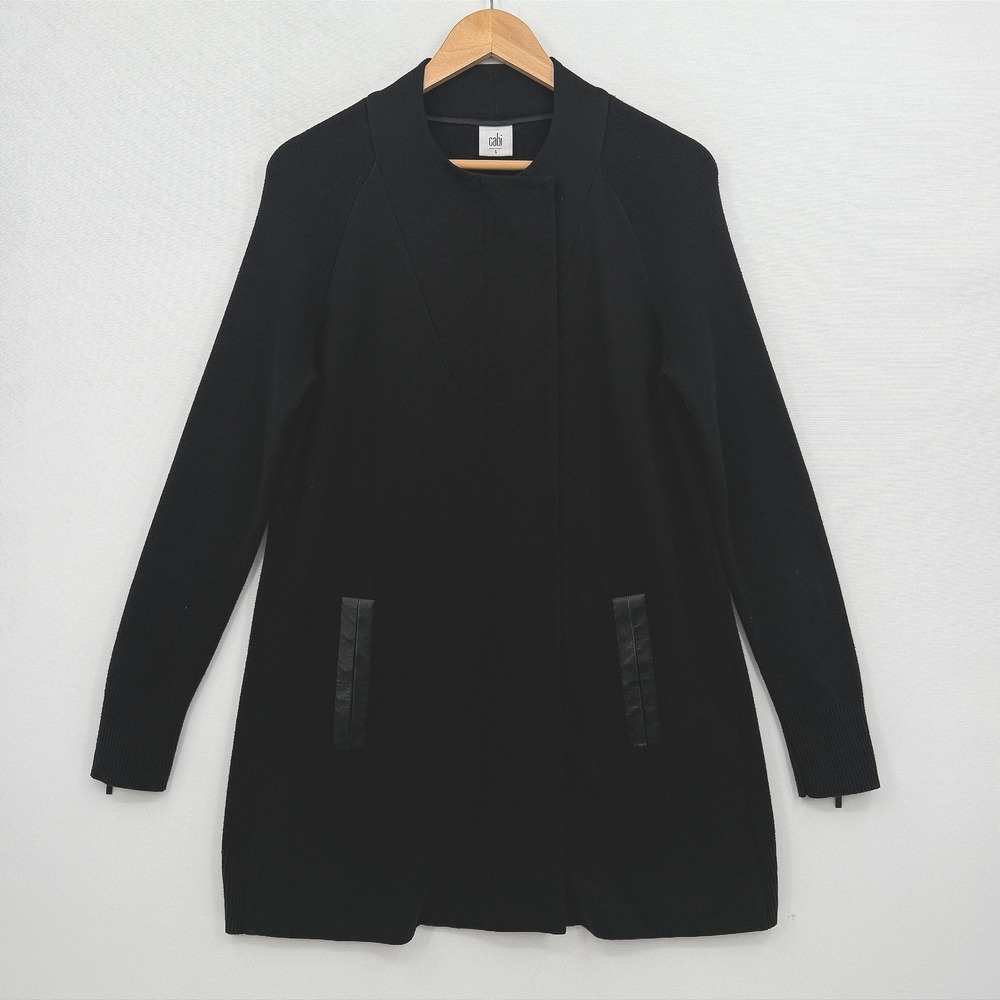 Cabi Sweater Coat Womens Small Black Faux Leather Trim Quiet Luxury Minimalist